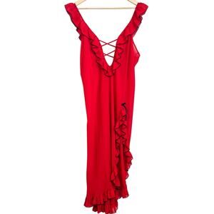 VTG Y2K Romantic Ruffle Maxi Slip Dress Large Red Chiffon Coquette Old Hollywood